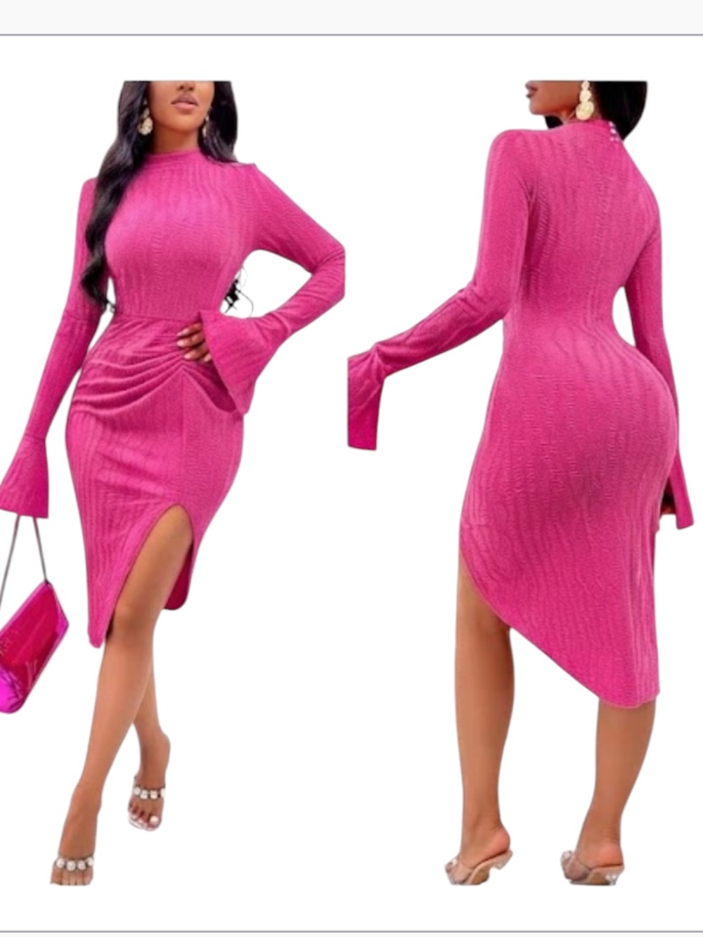 SHEIN Slayr Mock Neck Flounce Sleeve Ruched Split Thigh Bodycon Dress  size S